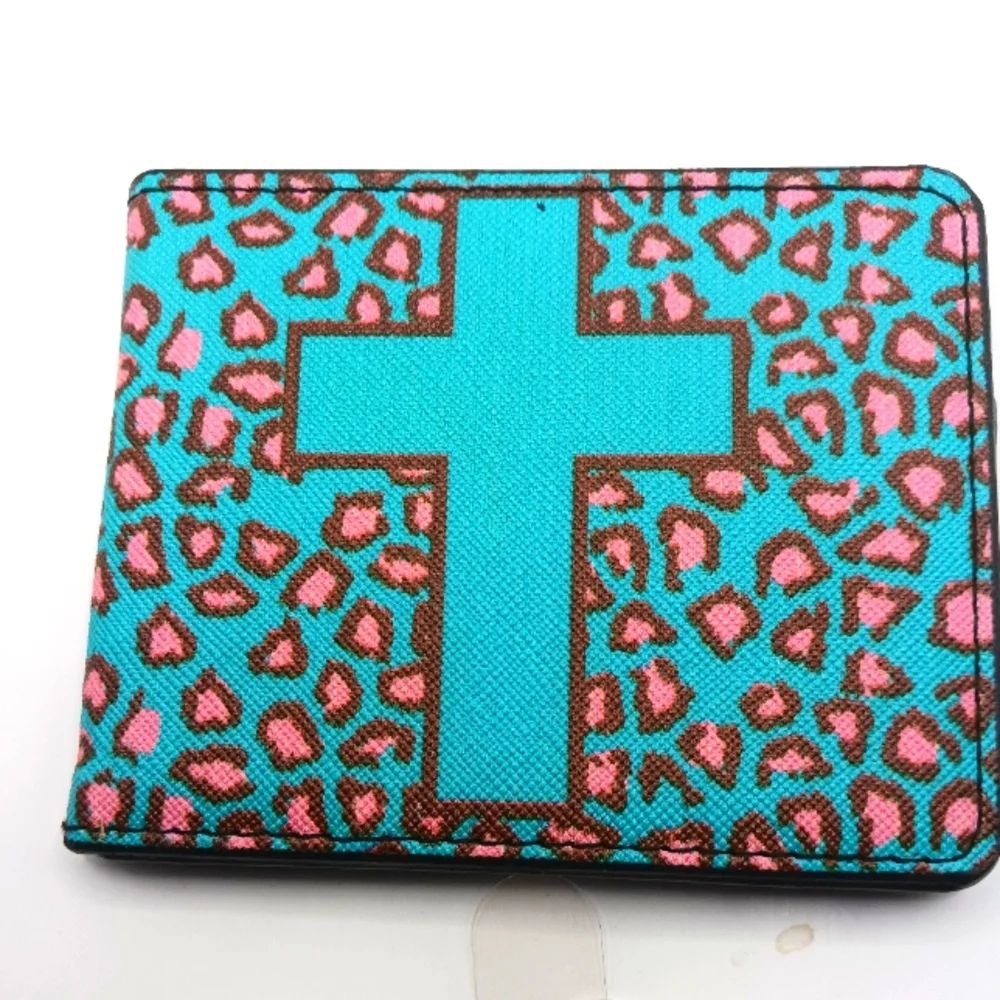Blue Cross Pattern Bi Fold Wallet Vegan Leather New Made USA